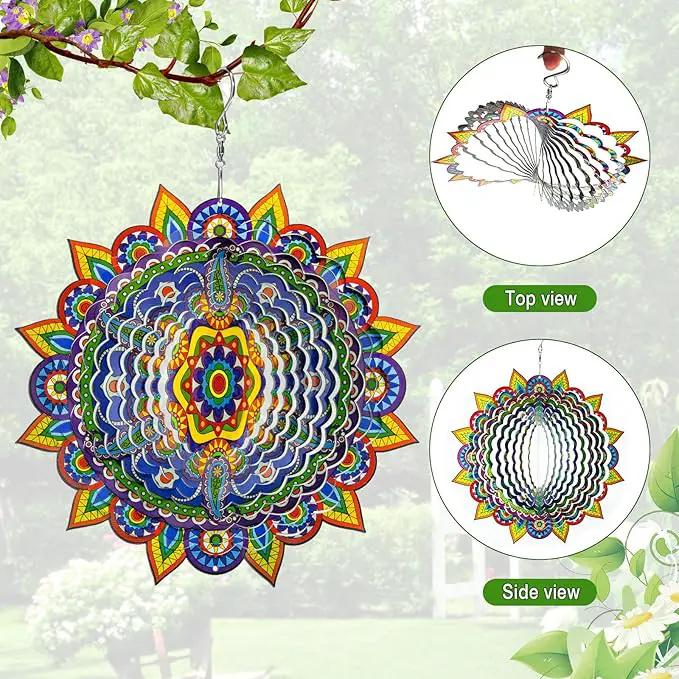 Mandala Wind Spinners, 3D Metal Wind Spinners Outdoor for Yard and Garden,12inch Stainless Steel Hanging Wind Spinners, Kinetic Yard Art Garden Decor Ornament Gifts by GreenHaven Gardens