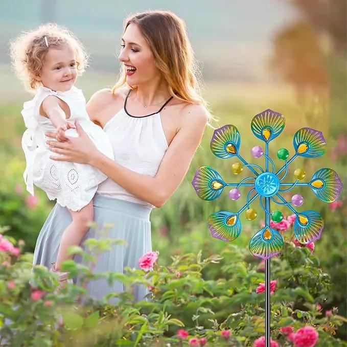 Peacock Wind Spinner Outdoor, Standing Wind Sculpture Yard Art Decorations, Metal Windmill for Patio Lawn & Garden Decor (2pcs-Blue Green) by GreenHaven Gardens
