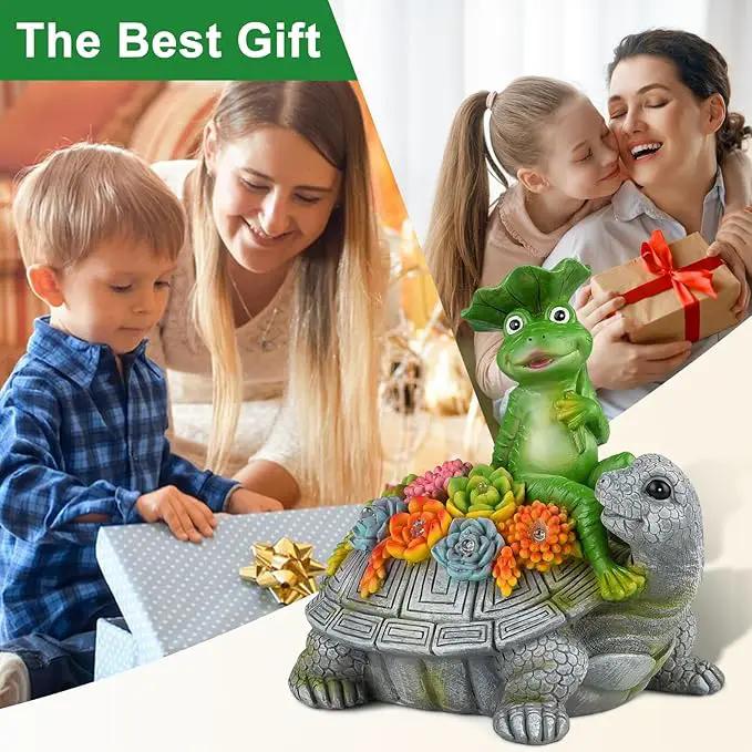 ILLUMINEW Solar Garden Outdoor Statues Turtle& Frog with Succulent and 8 LED Lights, Turtle Carrying Lotus Leaf Frog Figurines, Lawn Decorations for Patio Yard Gifts for Mom Grandma Housewarming by GreenHaven Gardens