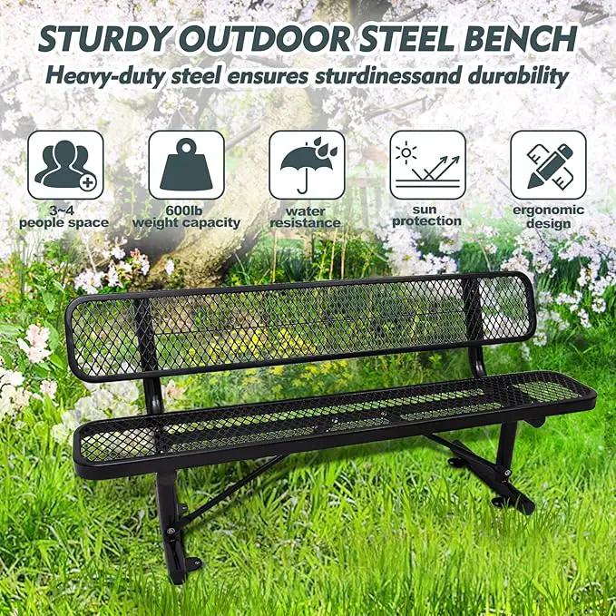 6FT Heavy Duty Park Bench with Back Portable Frame, Outdoor Metal Park Bench with Backrest, Steel Mesh Outdoor Bench for Garden, Lawn, Patio, Porch, Park, Yard (Black, 72.4" L x 23.2" W x 32.5" H) by GreenHaven Gardens