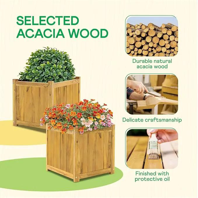 IDZO Set of 2 Acacia Wood Flower Planters for Outdoor Plants, Ergonomic Handles, Drainage Holes, Various Sizes, Ideal for Home Décor, Golden Teak by GreenHaven Gardens