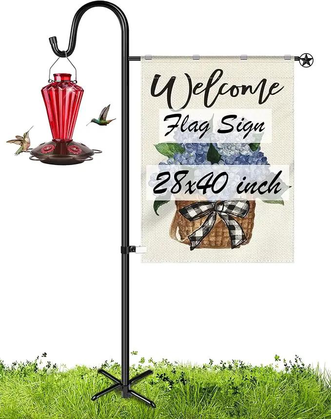 XDW-GIFTS Upgraded Garden Flag Holder Stand with Shepherd Hook for 28'' x 40'' Flags 60 in Heavy Duty Yard Flag Post Stake with 2 Spring Stoppers and 1 Clip for Outside (Without Solar Lights & Flag) by GreenHaven Gardens