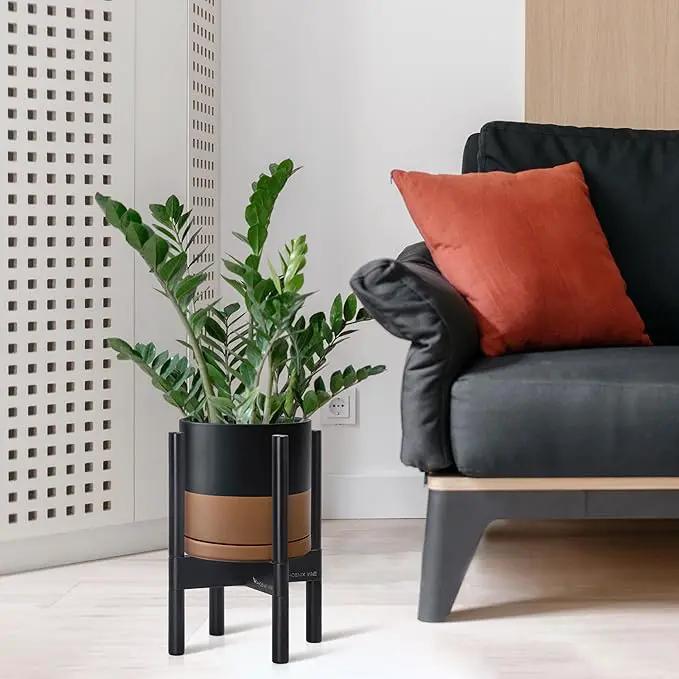 D'vine Dev Ceramic Planter with Ebony Stand - 8 Inch Modern Round Flower Pot with Wood Planter Holder, Black/Speckled Tan, 55-B-M-7 by GreenHaven Gardens
