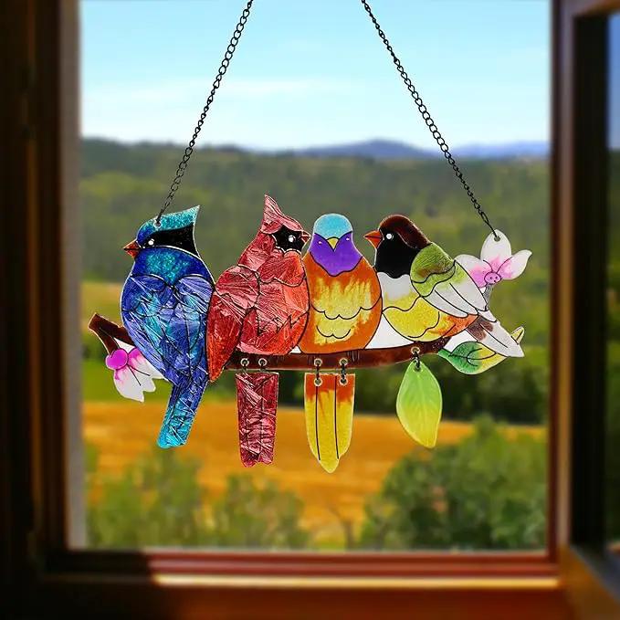 Stained Glass Window Hanging, Birds on A Branch Stain Glass Suncatcher, Hand-Painted Sun Catchers Indoor Window Decoration Bird Lover Gift for Mom, Grandma, Stocking Stuffers for Women by GreenHaven Gardens