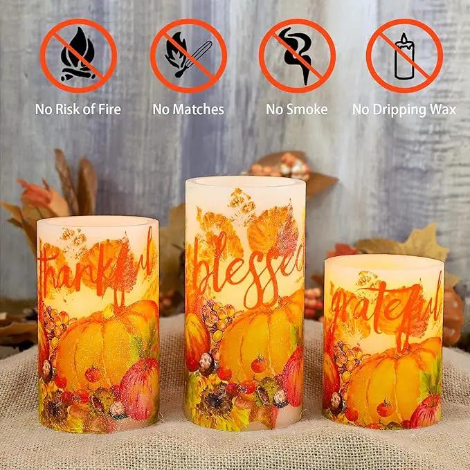 Thanksgiving Blessings LED Candles Pumpkin Glitter Desgin Real Wax Flickering Flameless Fall Harvest Battery Operated with Remote Timer 6H for House Warming Gifts New Home Table Tary Decor by GreenHaven Gardens