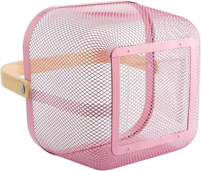 Metal Mesh Steel Basket, Storage Organizer Basket Multi-functional Hanging Kitchen Baskets Fruit Basket Bin with Bamboo Handle for Kitchen Bathroom Picnic Shopping Decor Cabinet Home, Pink by GreenHaven Gardens