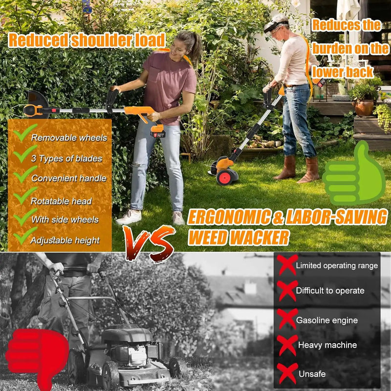 Electric Weed Wacker Cordless Battery Powered Eater,21V/4.0Ah Lightweight No-String Weed Trimmer with 2 Battery Operated& Wheels,3 in 1 Stringless Grass Trimmer/Edger/Brush Cutter for Garden Yard Lawn by GreenHaven Gardens