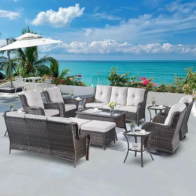 Wicker Patio Furniture Sets - 13 Piece Outdoor Rattan Furniture Conversation Sets with 4 Swivel Rocker Chairs, 2 Rattan Sofas, Wicker Ottomans and Coffee Table, Brown/Beige by GreenHaven Gardens
