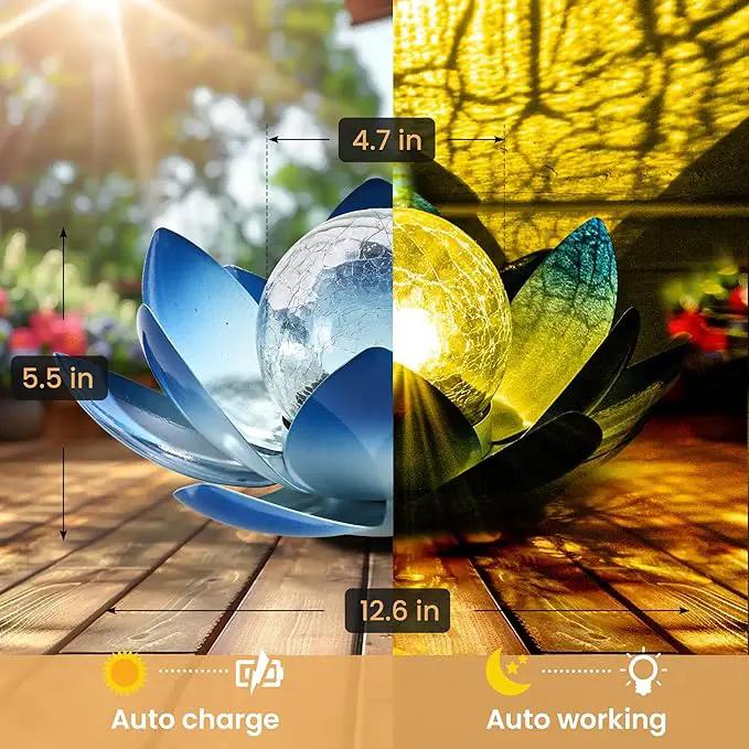 GIGALUMI Solar Light Outdoor Garden Decor, Lotus Flower Light Crackle Globe Glass Lantern Outdoor Table Decor Waterproof for Patio, Lawn, Pathway, Pool, Pond, Christmas Gift (Blue Petal) by GreenHaven Gardens