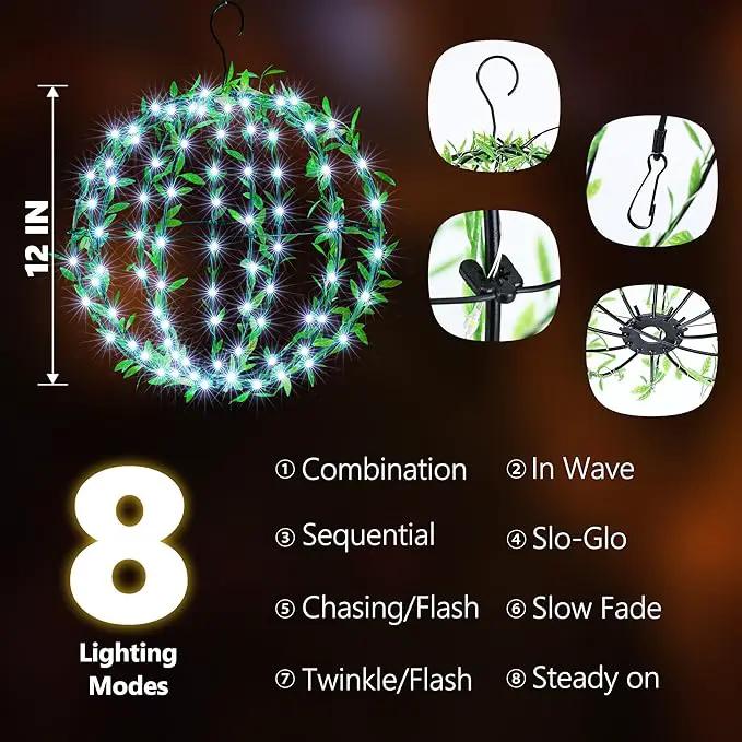 Joomer Solar Hanging Lights Outdoor, 2 Pack 12in 120 LED Solar Globe Lights, 8 Modes Waterproof Foldable Metal Sphere Light with Hook for Garden Yard Porch Decor- White (Ball with Green Leaf) by GreenHaven Gardens