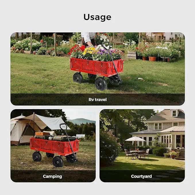 SUNNYFEEL 900 Lbs Capacity Heavy Duty Mesh Steel Garden Cart,Folding Utility Wagon with Removable Side Nets, Non-Slip Rubber Base, Red,Upgraded Version by GreenHaven Gardens
