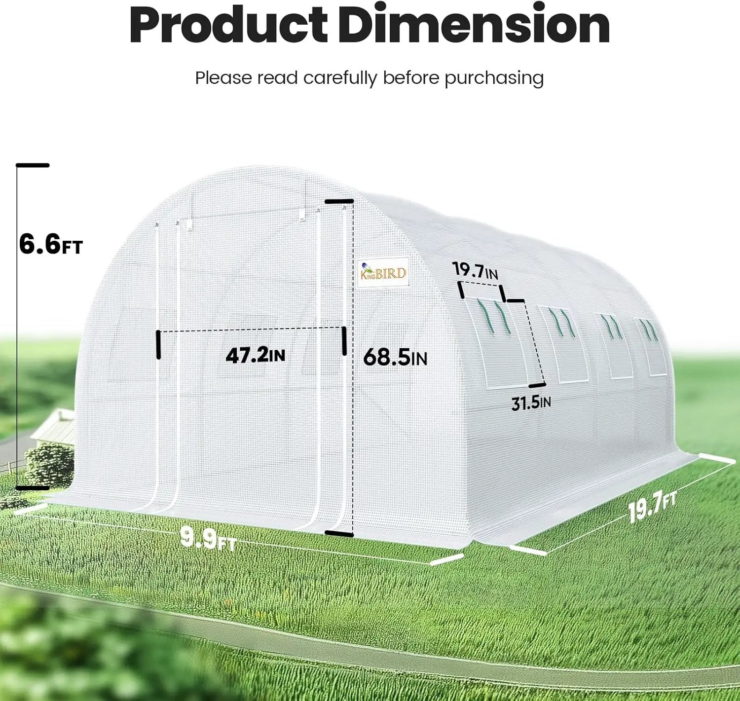 KING BIRD Premium 20x10x6.6FT Greenhouse for Outdoors, Large Walk-in Heavy Duty Galvanized Steel Frame, Mesh Door Screen Window Upgraded Zipper Tunnel Hoop for Garden Plant Winter, White by GreenHaven Gardens