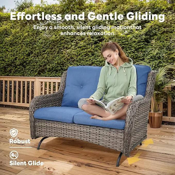 5 Piece Outdoor Patio Furniture Set - Outdoor Conversation Couch and Loveseat Glider Chair Furniture Set with Rattan Coffee Table for Deck Balcony Poolside Gray Wicker/Blue Cushions by GreenHaven Gardens