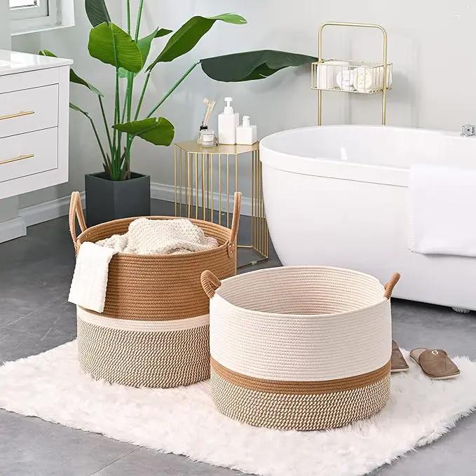 KAKAMAY Large Blanket Basket (20"x13"),Woven Baskets for storage Baby Laundry Hamper, Cotton Rope Blanket Basket for Living Room, Laundry, Nursery, Pillows, Baby Toy chest (White/Brown) by GreenHaven Gardens