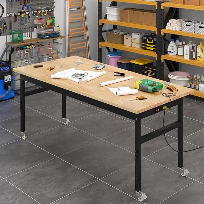 60" Adjustable Work Bench, Rubber Wood Top Workbench Heavy-Duty Work Table with Power Outlet with Wheels, 2000 LBS Load Capacity Hardwood Work Benches for Garage, Workshop, Home, Office, Easy Assembly by GreenHaven Gardens