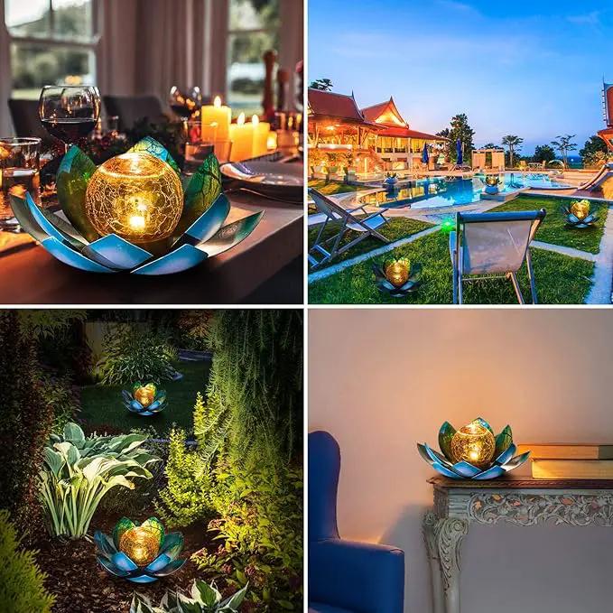 Huaxu Solar Light Outdoor Garden Decor Blue Metal Crackle Globe Glass Waterproof LED Lotus Flower Table Lamp Decorations for Patio Yard Porch Pathway Ground by GreenHaven Gardens