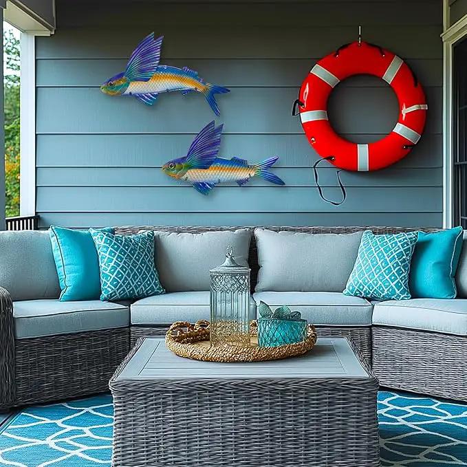 LIFFY Metal Fish Wall Decor -Outdoor Metal Fish Wall Decor - Indoor Art Sculpture - Hanging Decorations for Home, Garden, Bedroom, Sculptures, Ocean, Pool(Flying Fish Set 2,15 inch) by GreenHaven Gardens
