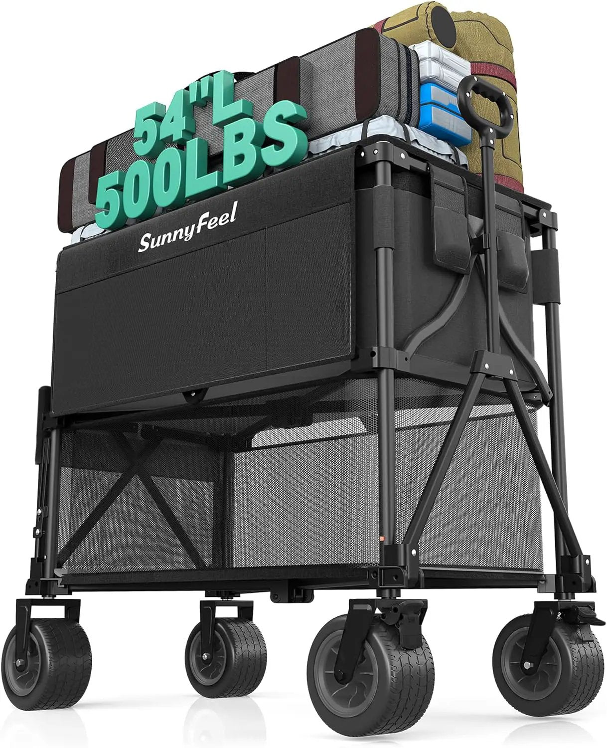 SUNNYFEEL Double Decker Wagon, Collapsible Outdoor Utility Wagon Cart 500LB Capacity Adjustable Handlebar,Foldable Wheels Stable Durable Oxford Fabric for Shopping Garden Camping (Black, Double Deck) by GreenHaven Gardens