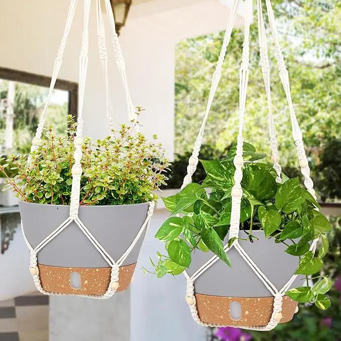 QCQHDU 2 Pack Hanging Planters for Indoor Plants, Outdoor Hanging Baskets, Self Watering Pots with Drainage Holes & Removable Tray (Light Grey, 10 inch, Macrame Hanger) by GreenHaven Gardens