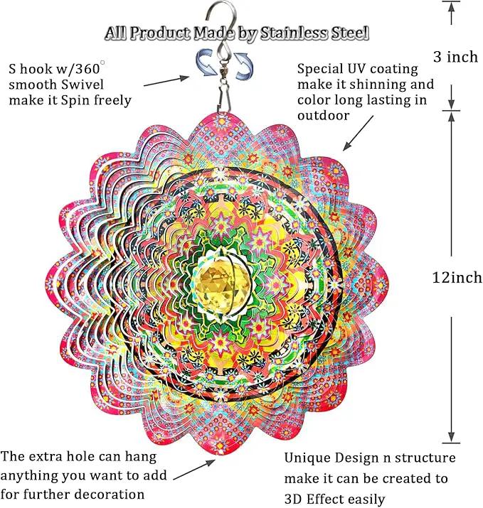 FONMY Mandala Wind Spinner w/Crystal Ball-Romatic Flower 3D Stainless Steel Hanging Spinners Worth Gift Christmas Decoration Indoor/Outdoor Garden Décor Kinetic Yard Art 12 Inches Wind Sculpture by GreenHaven Gardens