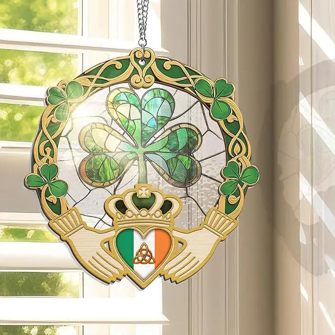 St Patricks Day Decorations - St Patricks Day Accessories, Shamrock Decorations, Irish Gifts for Women Men Friends Family, Shamrock Decorations - Double Layered Hanging Suncatcher 8 in by GreenHaven Gardens