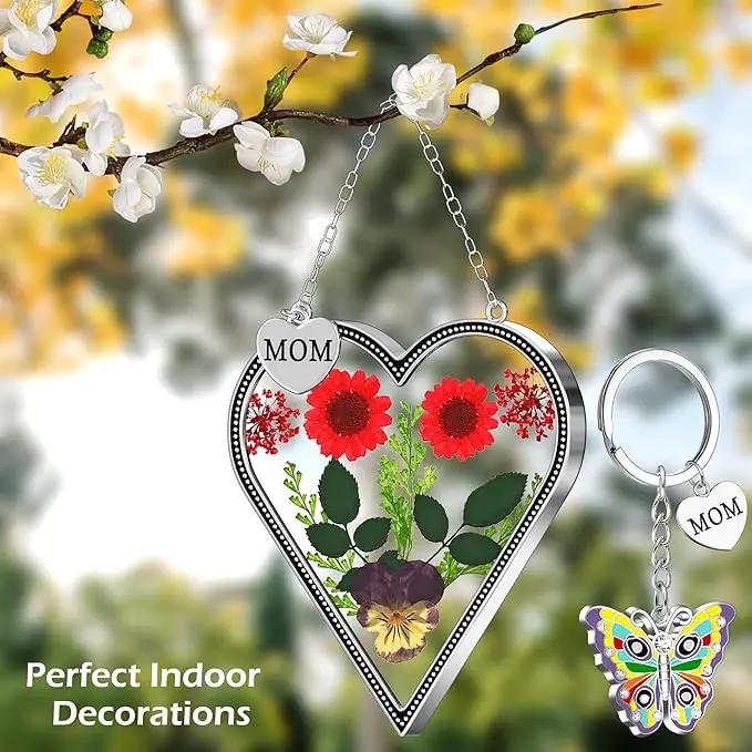 KY&BOSAM Heart Suncatcher Mom Gifts Glass Butterfly Suncatchers for Window Hanging with Pressed Flower Between Heart in Glass and Metal Charm Gifts for Mom Mother's Day Valentine's Birthday Christmas by GreenHaven Gardens