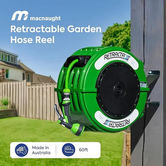 Macnaught Retractable Garden Hose Reel, 60 Ft Water Hose Reel Heavy Duty Retractable Hose with Metal 180° Swivel Rotation Bracket for Wall Mount - Green by GreenHaven Gardens