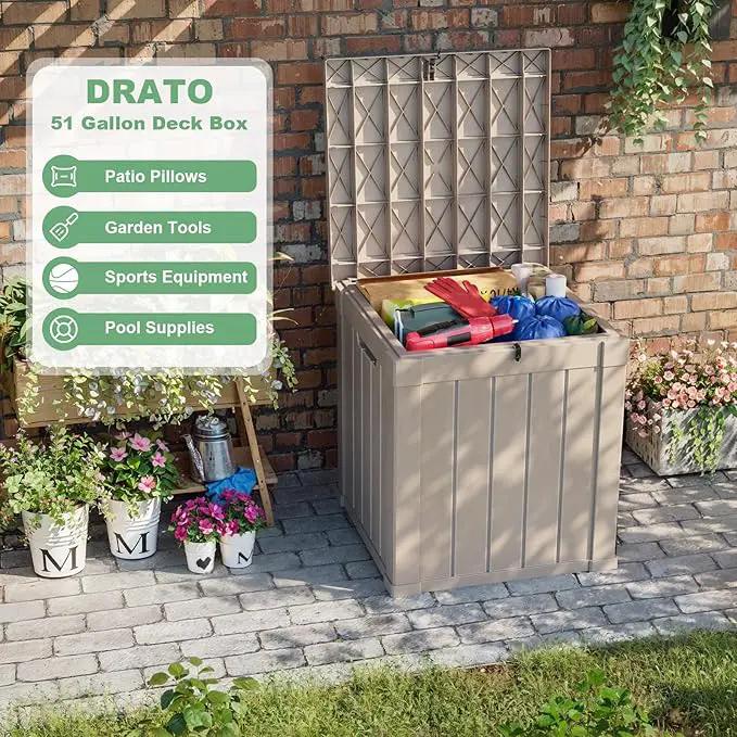 DRATO 50 Gallon Deck Box, Outdoor Storage Box for Patio Cushion, Sports Equipment, Garden Tools, Waterproof Patio Storage box, Lockable (Light Brown) by GreenHaven Gardens