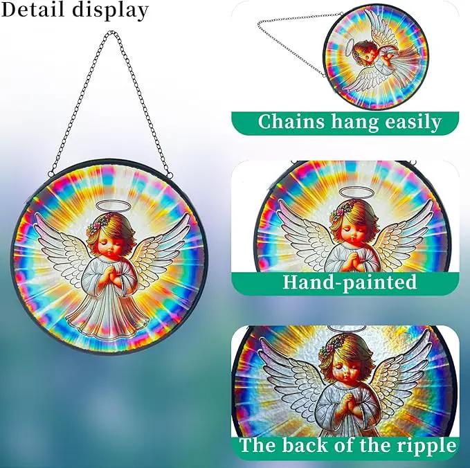 Praying Angel Decor Handmade Stained Glass Suncatcher - Rainbow Maker Stained Glass Suncatchers W/Metal Chain - Spiritual Angelic Gift for Women Christmas Thanksgiving Housewarming Gifts by GreenHaven Gardens