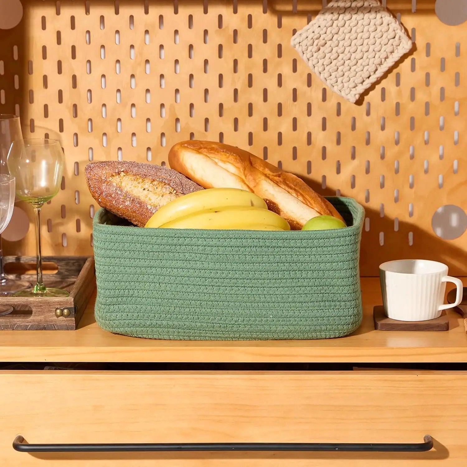 Small Storage Baskets for Organizing | Closet Organizer Bins | Shelf Toy Basket | Woven Rope Baskets | Cube Decorative Box | Shallow Basket | 13x8.5x5.1” | 4 Packs Green by GreenHaven Gardens