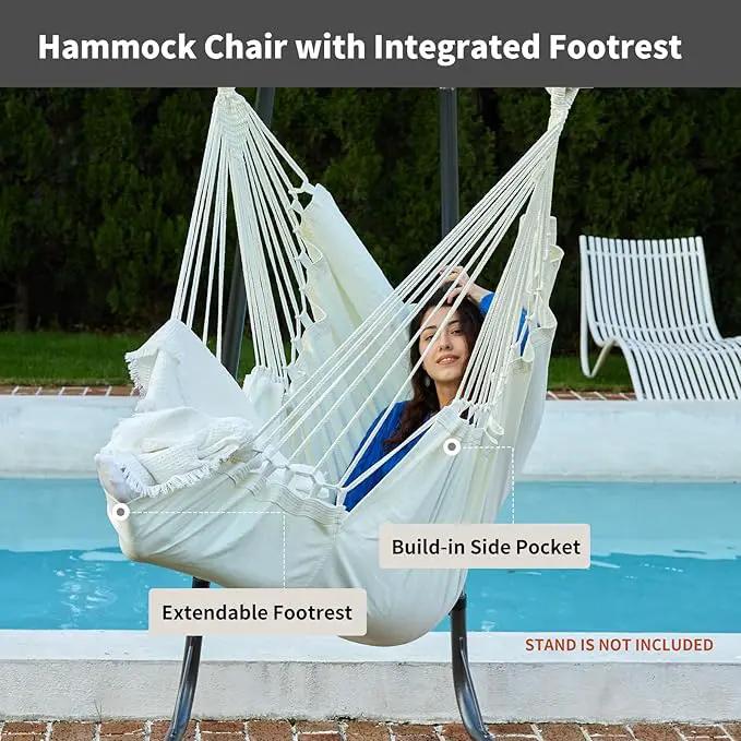 Hanging Hammock Chair Swing MAX 500 lbs Outdoor Hanging Chair with Footrest Indoor Swing Chair with Portable Steel Spreader Bar and Hardware Kit for Bedroom Living Room Patio Porch - White by GreenHaven Gardens
