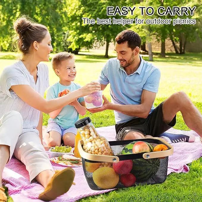 Portable Garden Harvest Basket-Mesh Design Natural Bamboo Handle Wire Storage Baskets,Mesh Basket with Handle Organize Items Reduce Space Occupation,Suitable for Kitchen,Garden,Picnic(Black) by GreenHaven Gardens