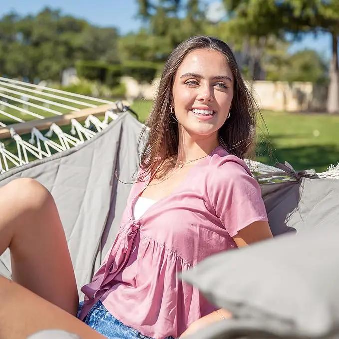 ANOW Double Rope Hammock with Stand 12FT, Heavy Duty Hammock with Polyester Pillow and Pad, 450 LBS Weight Capacity, Light Grey by GreenHaven Gardens