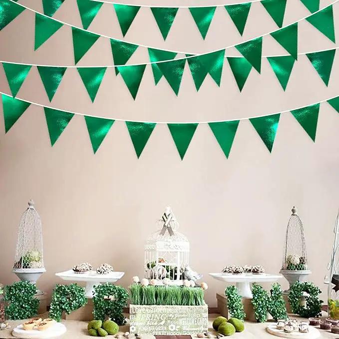 Green Party Decorations Triangle Pennant Banner Flag Dark Green Metallic Fabric Bunting Garland for Graduation Wedding Bridal Shower Birthday Baby Shower Holiday Retirement Game Party Supplies by GreenHaven Gardens
