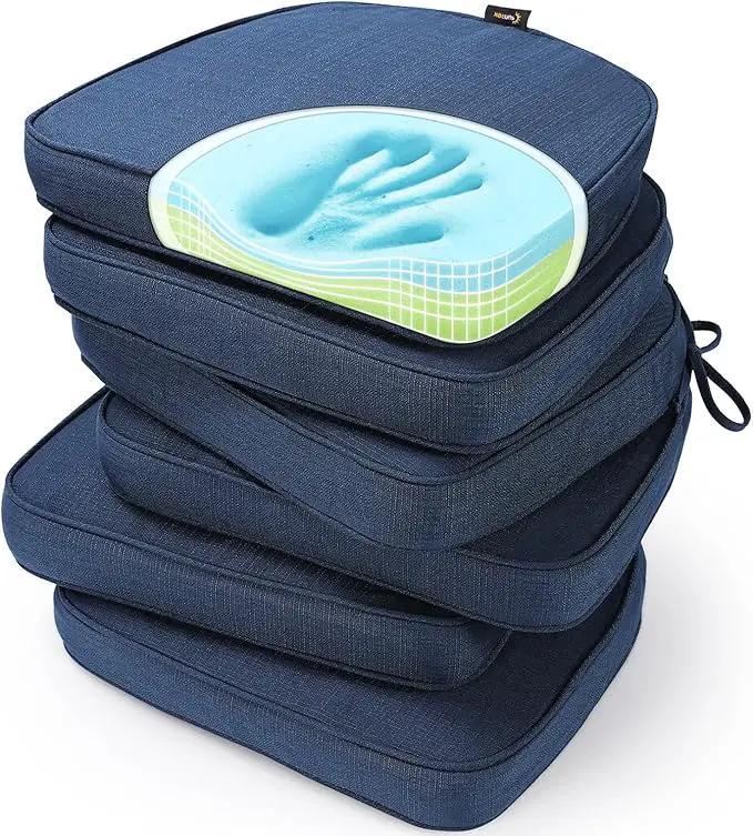 SUNROX Gel Memory Foam Chair Cushions, FadeShield Water-, Stain-Resistant Durable Reversible Seat Cushion Pads with Ties for Indoor/Outdoor Kitchen Dining Office 17"x16" Set of 6, Navy by GreenHaven Gardens