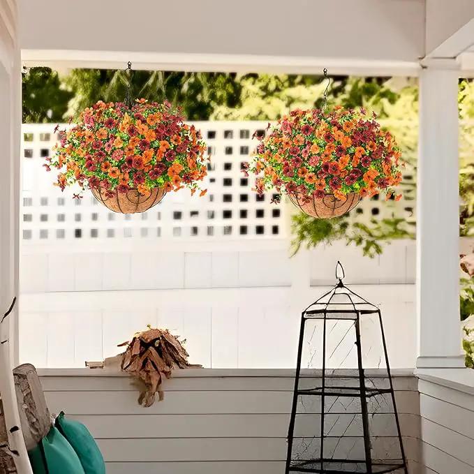 Artificial Fake Hanging Plants Flowers Basket, Faux Silk Daisy in Planter Realistic UV Resistant for Outside Home Patio Balcony Yard Spring Outdoor Decoration (Orange Brown) by GreenHaven Gardens