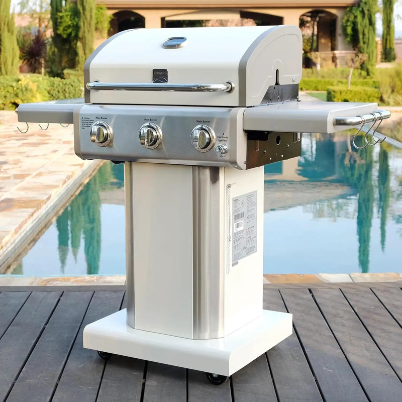 Kenmore 3-Burner Propane BBQ Grill, 30,000 BTUs Gas Grill with Cast Iron Cooking Grates, Folding Side Tables & Wheels, Outdoor Grill with Tool Hooks, Pearl White + Bonus Cover by GreenHaven Gardens