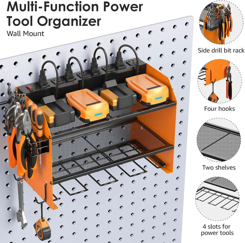 CCCEI Modular Power Tool Organizer Wall Mount with Charging Station. Garage 4 Drill Storage Shelf with Hooks, Drill Bit Heavy Duty Rack, Orange Tool Battery Holder Built in 8 Outlet Power Strip. by GreenHaven Gardens