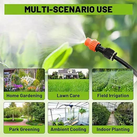 Garden Drip Irrigation Kit, 100ft Black Hose, 360° Pure Copper Closeable Nozzle, Patio Misting Plant Watering Sprinkler, Faucet Separator, Sprinkler Hose Adapter (16 360° nozzles + 16 T-connectors) by GreenHaven Gardens