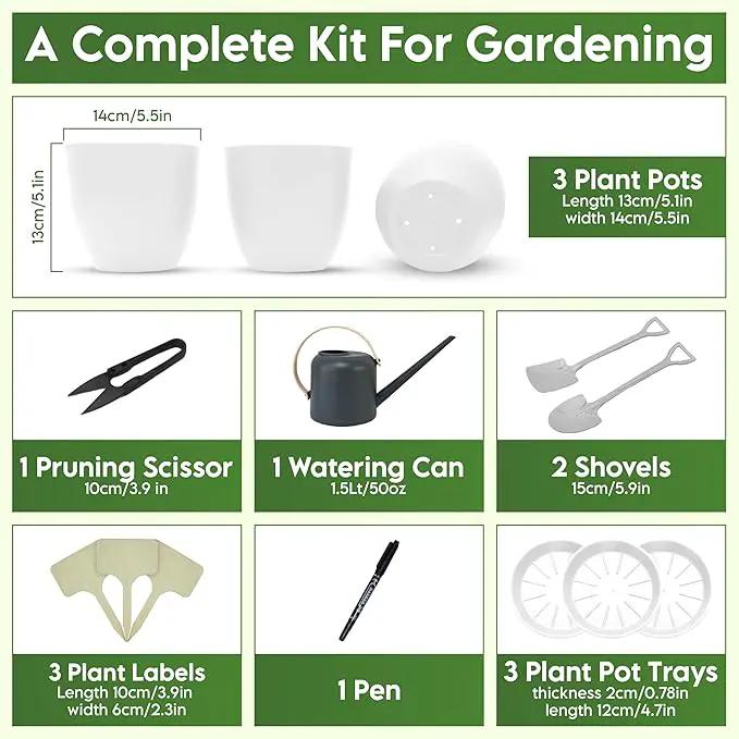 Indoor Garden Kit - Plant Pots with Drainage, Watering Can & Tools - Ideal Windowsill Planter Set - Modern Home & Kitchen Decor Gift - White by GreenHaven Gardens