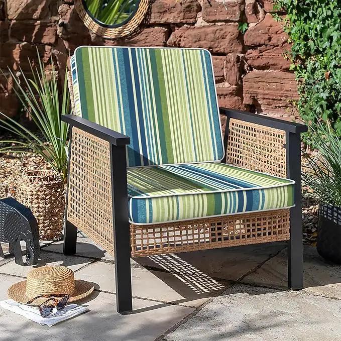 LVTXIII Patio Chair Cushions 22"x22"x3", Water-Repellent Outdoor Seat Cushions for Patio Furniture, Square Chair Pads with Ties for Home Garden Decoration, Set of 2, Stripe Blue Green by GreenHaven Gardens