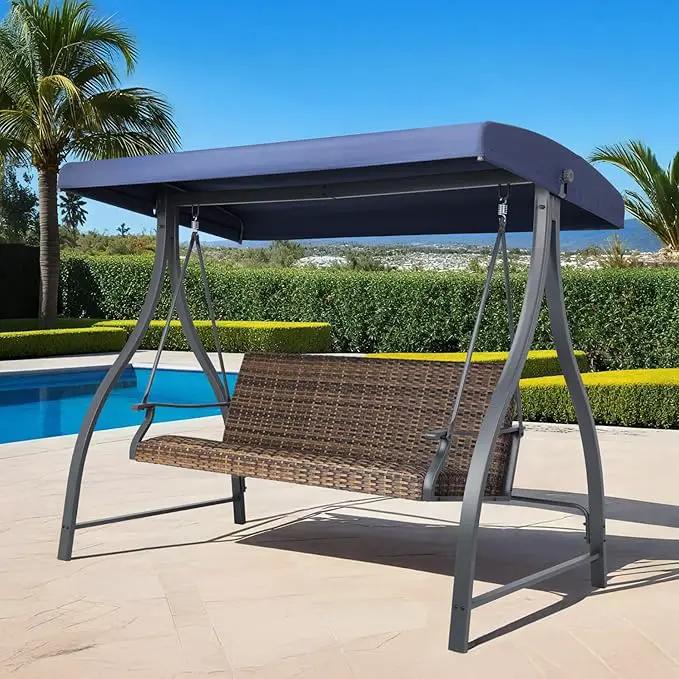 BPS 3 Seat Outdoor Porch Swing with Adjustable Canopy, PE Wicker Patio Swing Chair with Quick-Drying Foam Seat, 882 LBS Capacity, Proch Swings for Deck, Backyard, and Lawn, Dark Blue by GreenHaven Gardens