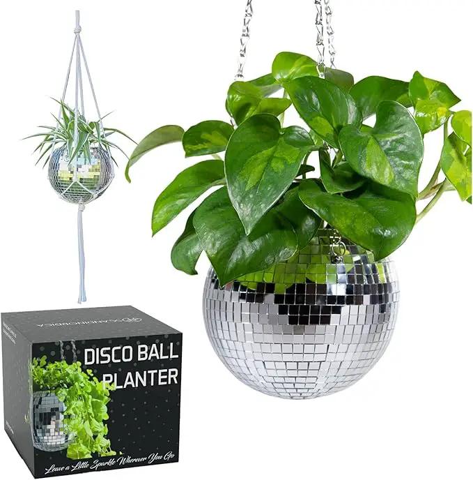 SCANDINORDICA Disco Ball Planter – Value Package: Mirror Disco Planter with Chain, Macrame Hanger and Acrylic Stand for Desk, Includes Self Watering Insert, Disco Ball Decor | 6 inch Silver by GreenHaven Gardens