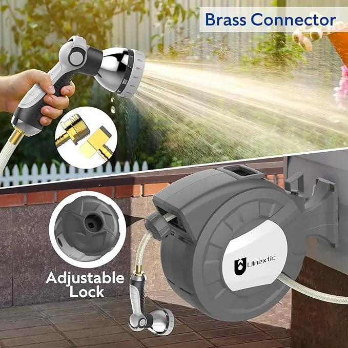 Retractable Garden Hose Reel, 1/2 in x 100 ft Wall Mounted Hose Reel, 10-Pattern Spray Nozzle, Any Length Lock/Slow Return System/Wall Mounted/180°Swivel Bracket by GreenHaven Gardens
