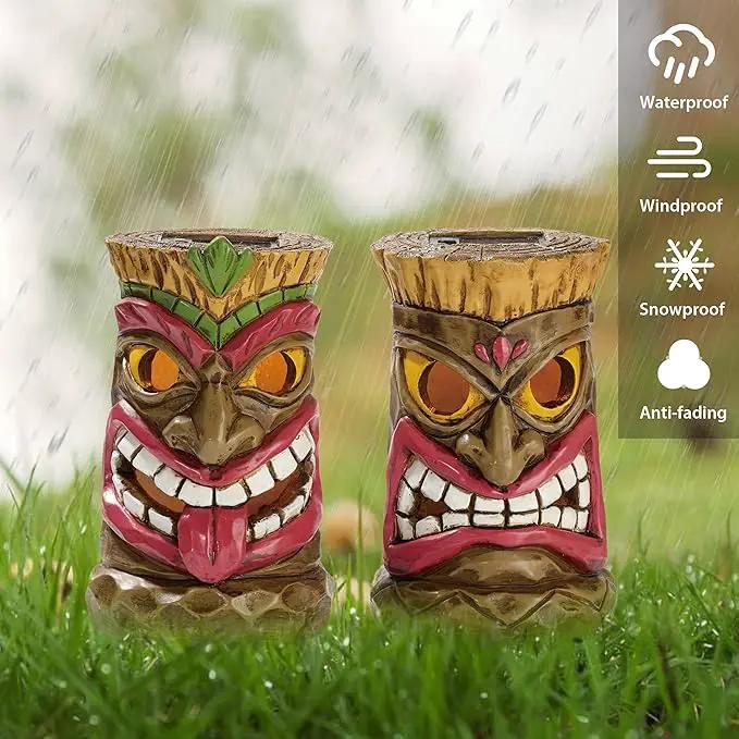 TERESA'S COLLECTIONS Tiki Head Garden Decor with Solar Outdoor Light, Set of 2 Tropical Hawaiian Tiki Torch Resin Christmas Decorations Garden Sculptures & Statues Yard Decor Thanksgiving Gifts 6" by GreenHaven Gardens