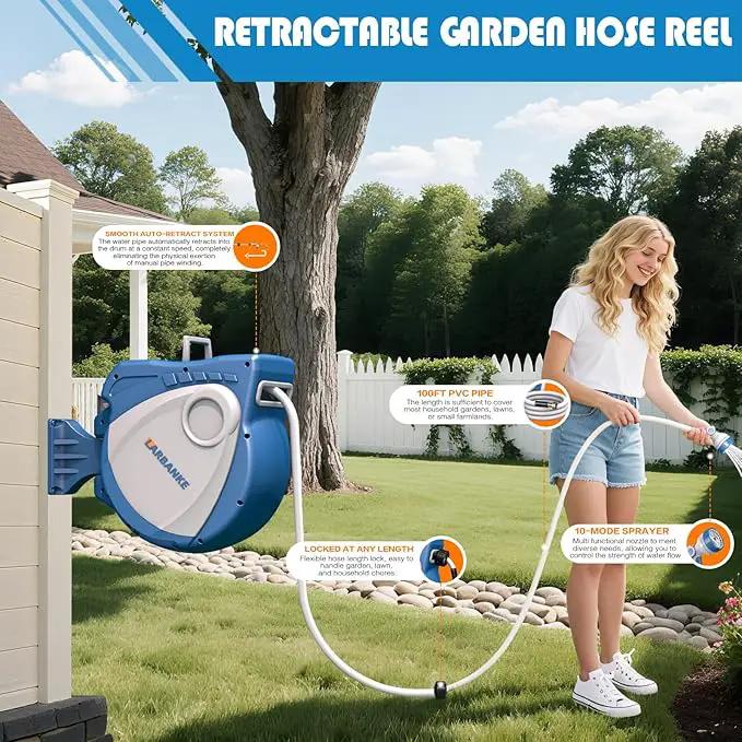 1/2 in × 100 ft Garden Hose Reel,Wall-Mounted Hose Reel with Bottom Drain,180° Rotating Bracket,with 10-Function Sprayer Nozzle,Lockable at Any Length,Equipped with Waterproof Bag(Blue) by GreenHaven Gardens