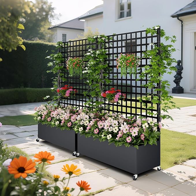 Metal Planter Box with Trellis Privacy Screen, Raised Garden Bed with Lattice Trellis & Wheels, Privacy Planters for Patio, Planter Box for Climbing Plants, Flower, 73"x 47"x 16", Black by GreenHaven Gardens