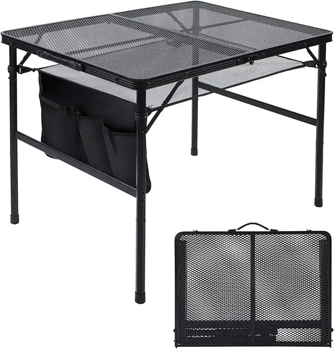 Folding Grill Table, 3x2 FT Portable Camping Table, Height Adjustable Metal Tables with Mesh Desktop and Mesh Bag, Outdoor Furniture for Camping, Picnic, Beach and BBQ, Black by GreenHaven Gardens