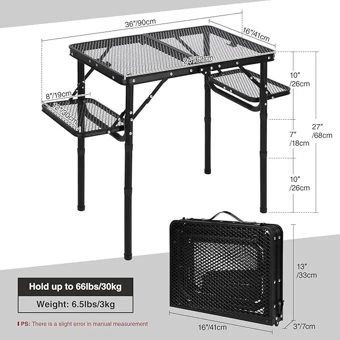 RedSwing Folding Grill Table with Extra Space, Adjustable Height Portable Small Stand Table for Outdoor Indoor Camping Picnic BBQ, Black with Side Table by GreenHaven Gardens