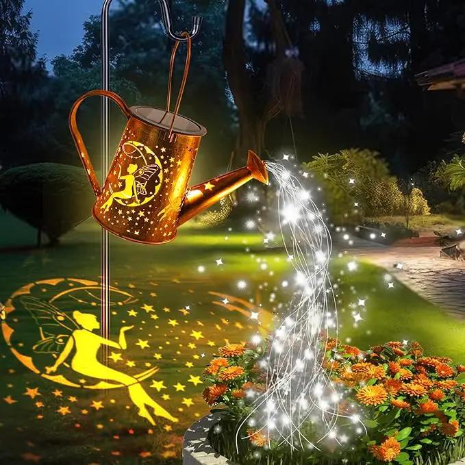 Big Solar Powered Watering Can Lantern & Moon Fairy Garden Decor Set Outdoor Waterproof Hanging Path Lights with Shepherd Hooks, Perfect Patio Decor Gardening Gift for Women, Mom, Grandma (Cool White) by GreenHaven Gardens